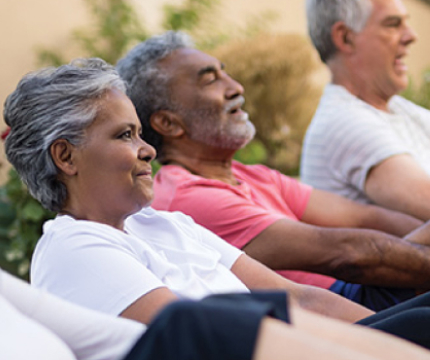 A picture of a group of people exercising together.