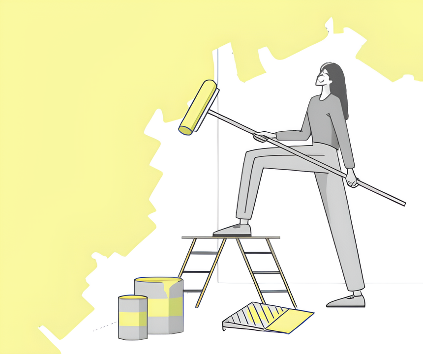 Animated picture of a woman painting a wall with a brush
