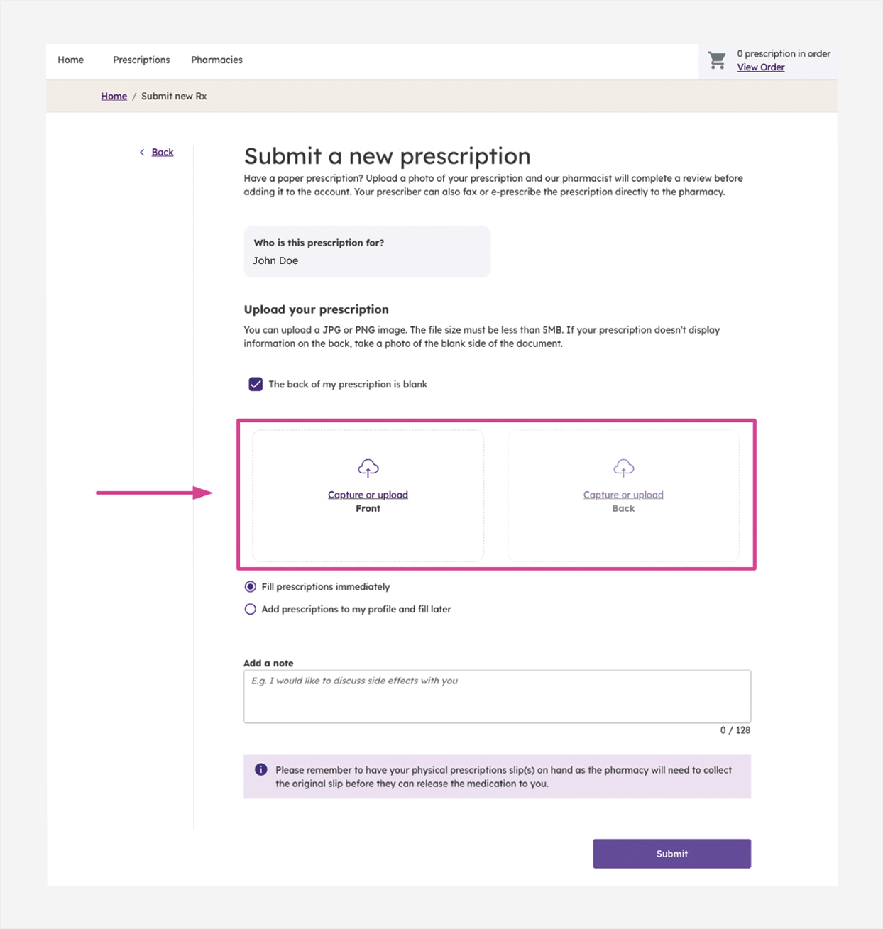 An image showing the process of upload and submit your prescription.