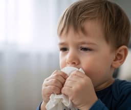 Baby holding a handkerchief to their face while showing cold or flu-like symptoms, appearing congested and uncomfortable.